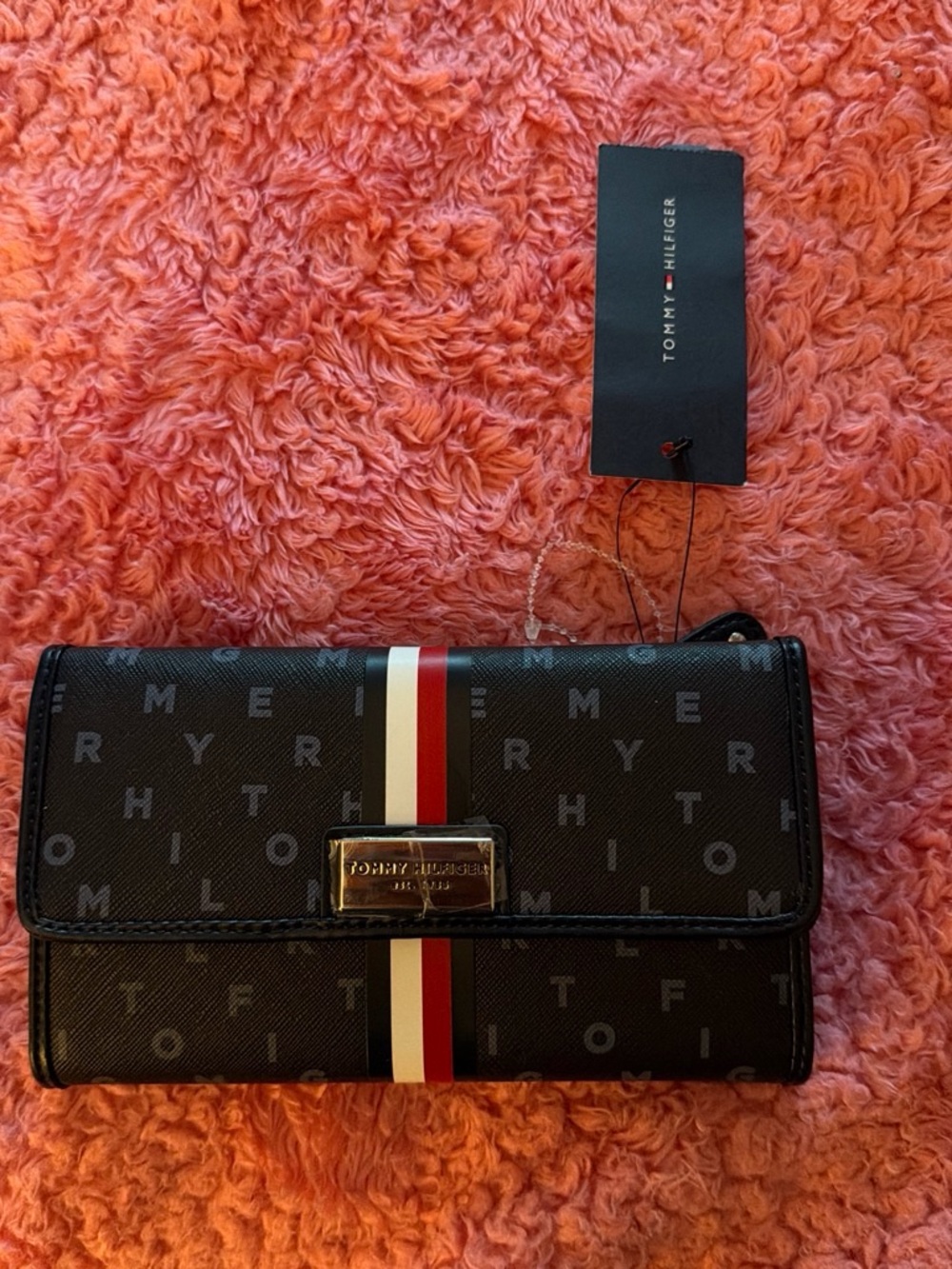 Tommy Hilfiger Black Wallet with Red and White Stripe Accent
